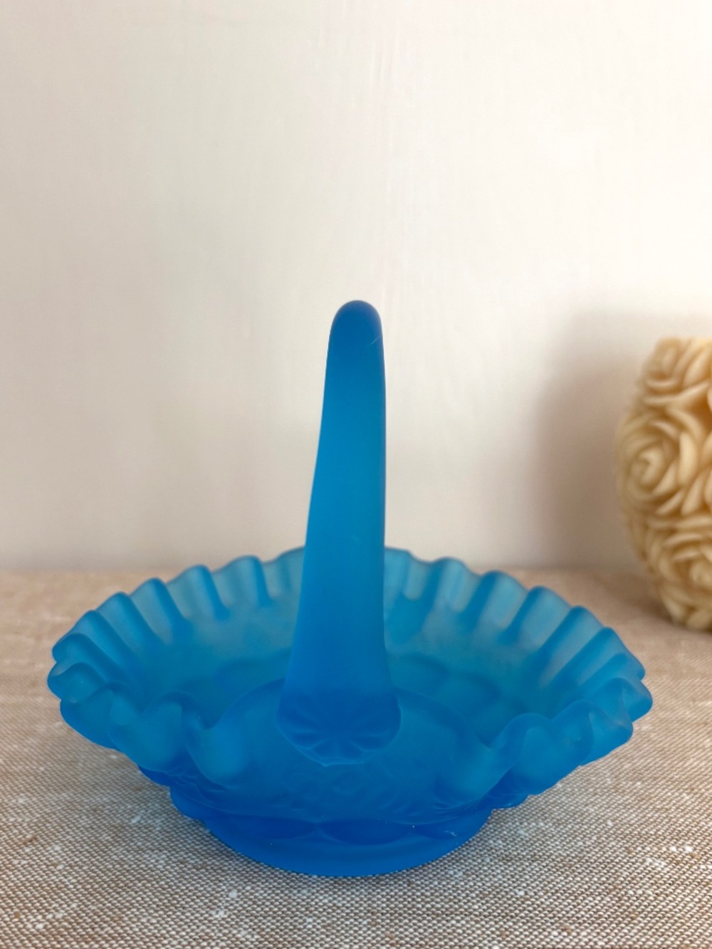 VTG Westmoreland Blue Satin Mist Glass Ruffled Cottagecore Basket w Handle